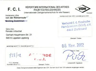 Urkunde der FCI über den internationalen Zwingernamen von der Römerroute