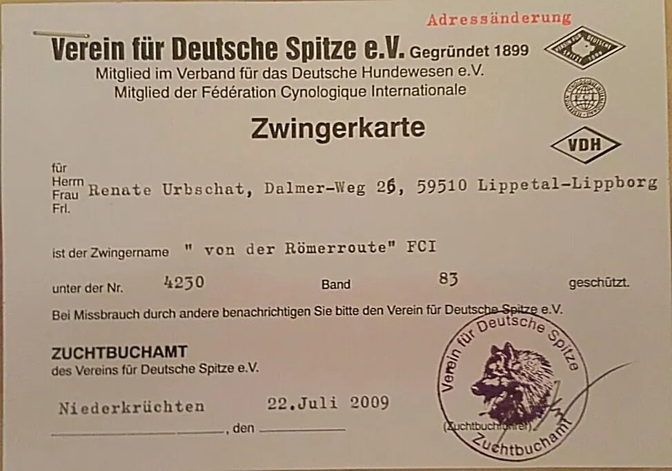 Zwingerkarte des Vereins für Deutsche Spitze für den Zwinger von der Römerroute